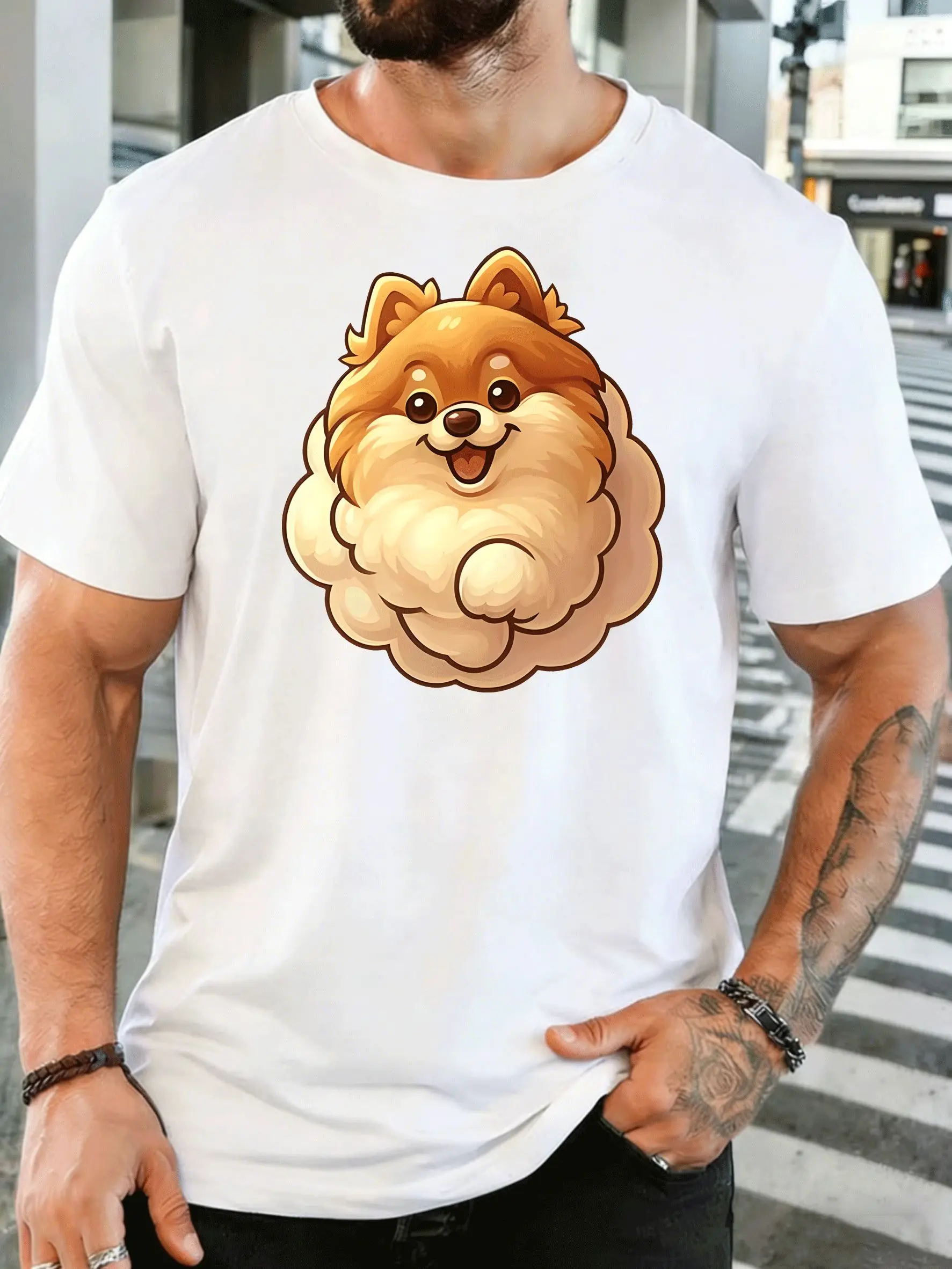 Cute Fluffy Pomeranian Puppy On Cloud Mens Front Print T Shirt Dog Cartoon Graphic Tee Casual Short Sleeve Top Pet Lover Gift