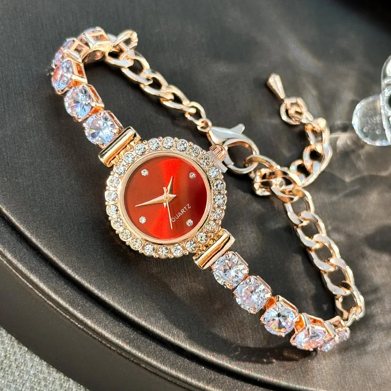 Vintage Rose Gold Fine Chain Women's Watch Luxury Rhinestone Quartz Watch Exquisite Jewelry for Wife Gift