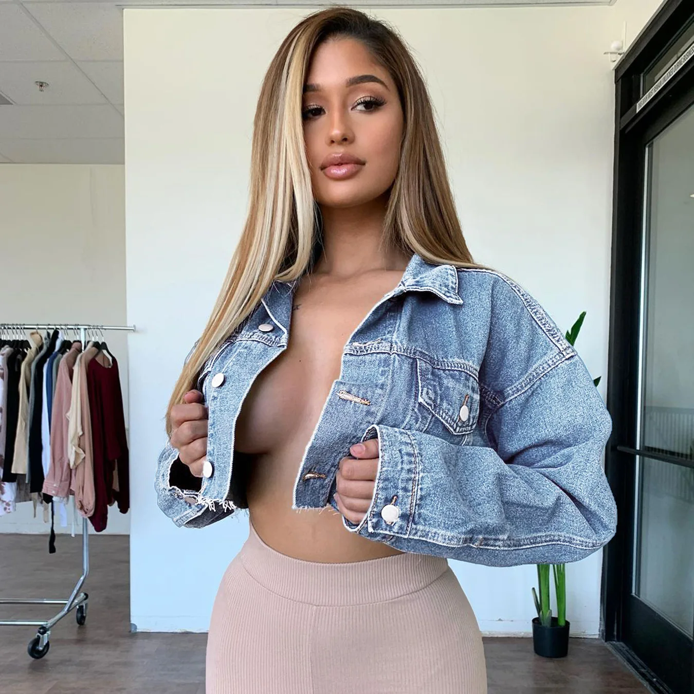 

Джинсовая куртка Traceable Женская ор Верхняя одежда Street Sle Long Sve Pure Color Wi Трансграничный персонализированный Wi