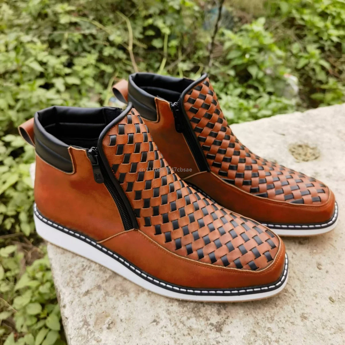 

New Independent Station Western Style Handwoven Cowboy Boots Side Zipper Low Top PU Leather Women's Shoes Flat Heel Spring Au...