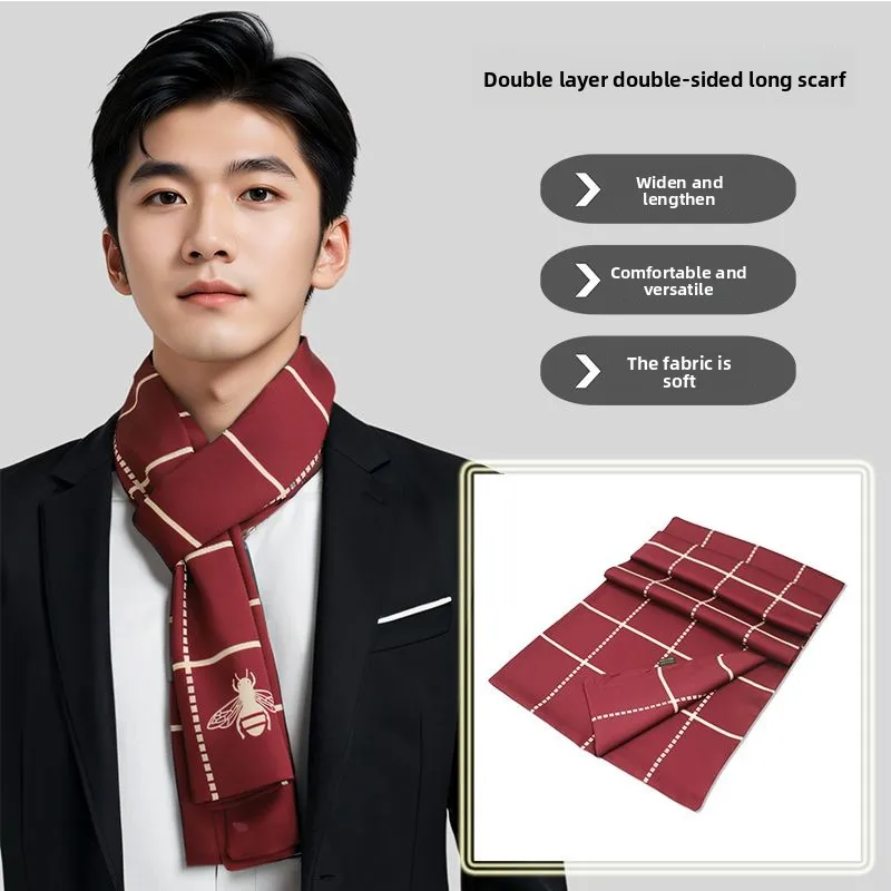 New Men's Fashion Business Scarf Gift for Dad Boyfriend Smooth Double-layer Long Silk Scarf Versatile Decorative Scarf