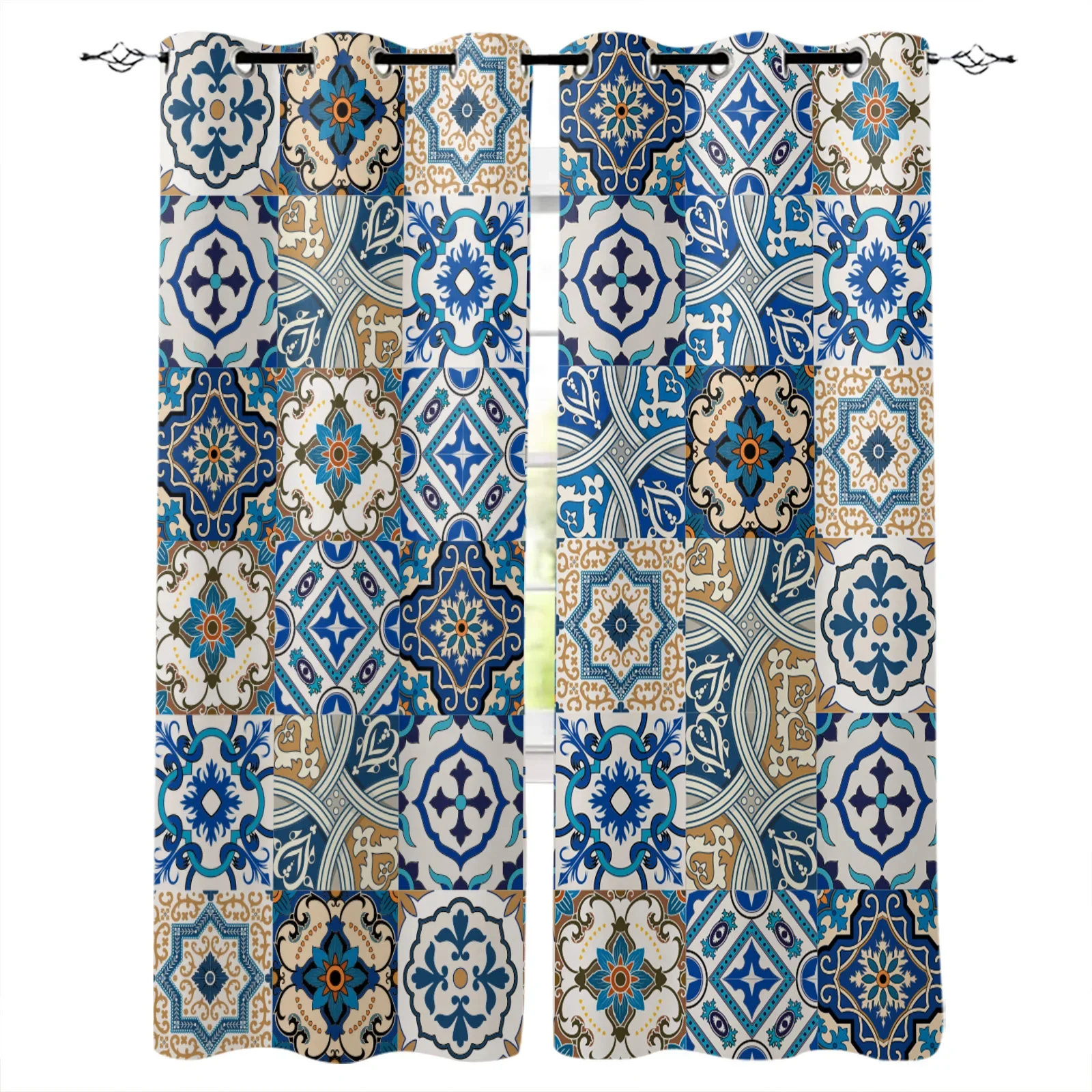 Portuguese Ethnic Flower Ceramic Tile Blackout Curtains Window Curtains For Bedroom Living Room Decor Window Treatments