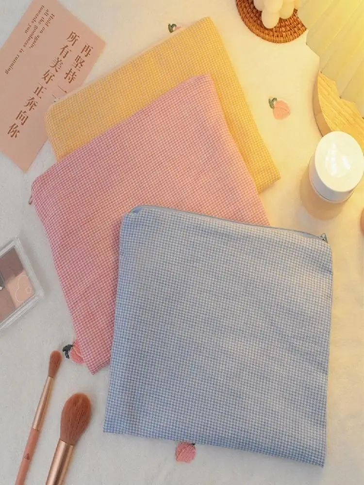 Sac à cosmétiques Portable de grande capacité, sac de rangement de cosmétiques à carreaux en coton, sac de rangement de rouge à lèvres