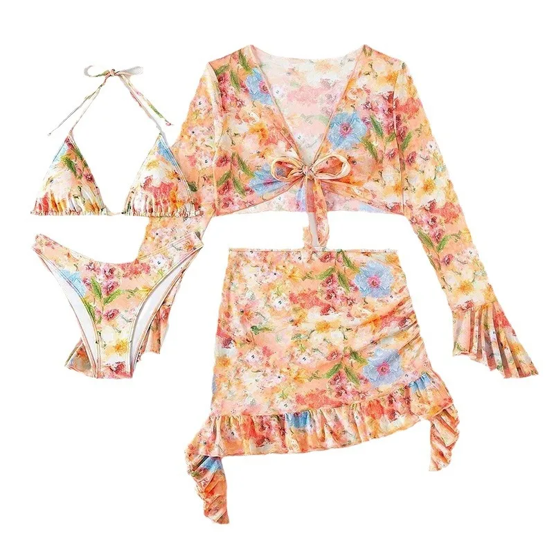 Swimsuit for Women2024Printed Long Sleeve Bikini Four-Piece Suit Split Blouse Beach Dress Swimsuit