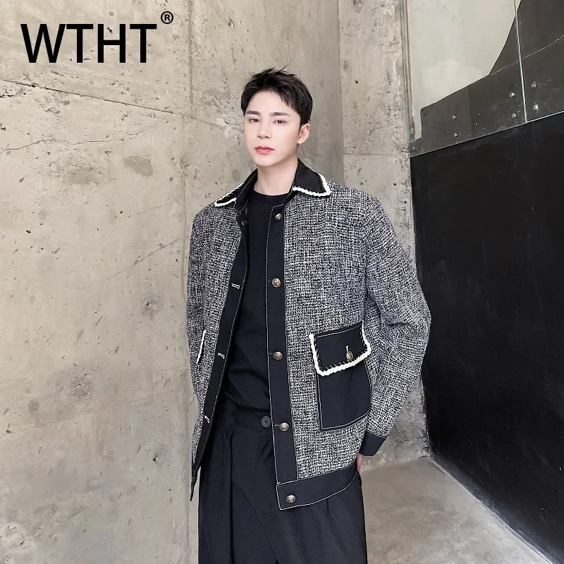 

WTHT модные мужские лоскутные повседневные пальто контрастного цвета, модные осенние однобортные свободные куртки с лацканами, мужские 2A1959