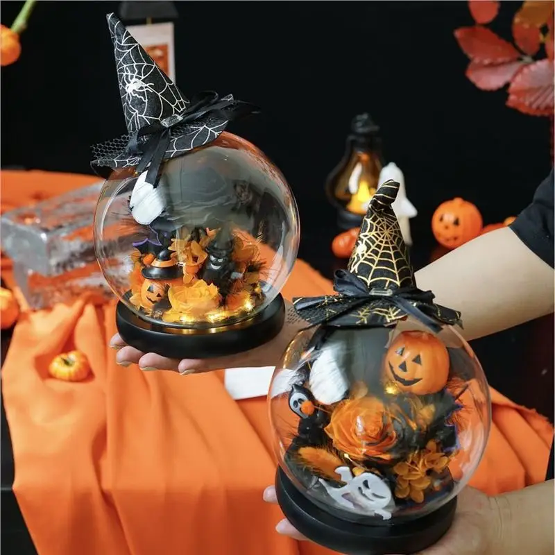 Eternal Flower Pumpkin Glass Cover Finished Halloween Decoration Creative Gift Rose Ball Night Light