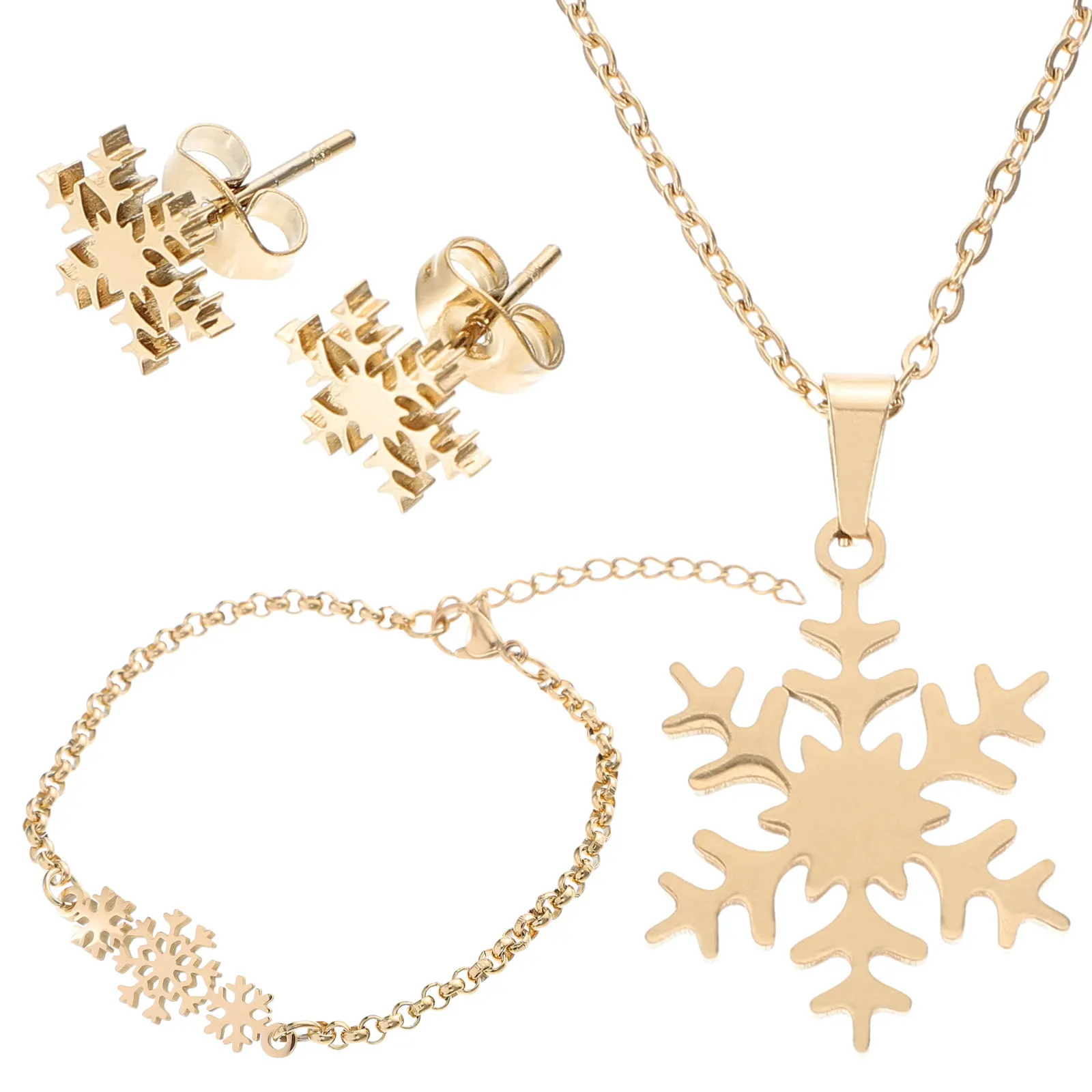 

Snowflake Ear Stud Necklace Copper Chain Stainless Steel Birthday Christmas Gifts Double Layer Choker Jewelry Set