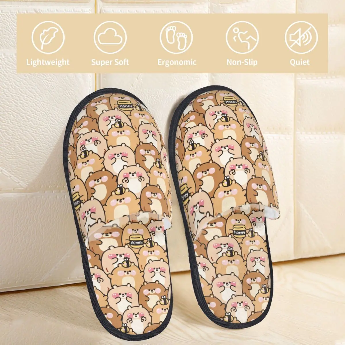 Cute Chubby Bear Kawaii Bee And Honey House Slippers Non Slip Funny Animal Cartoon Cozy Memory Foam Slides Bedroom