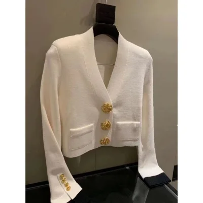 Vintage Elegant V-neck Cardigan Sweater For Women Gold Buttons Long Sleeve Knitwear Tops 2024 Autumn Fashion Chic Ladies Jumpers