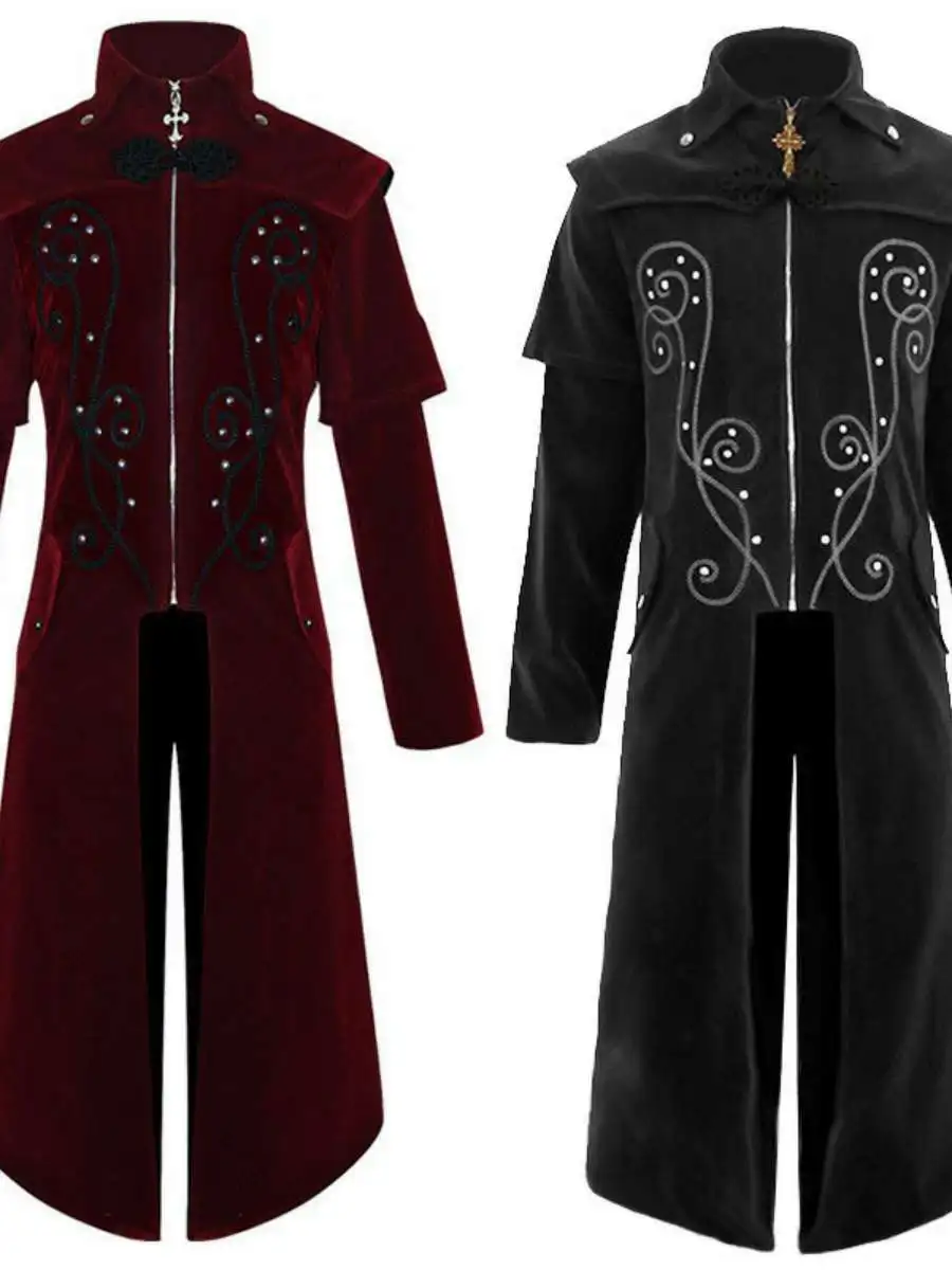 Gotische lange jas met opstaande kraag, geschikt voor podiumoptredens, herenmode, formele kleding, polyester, herfst.