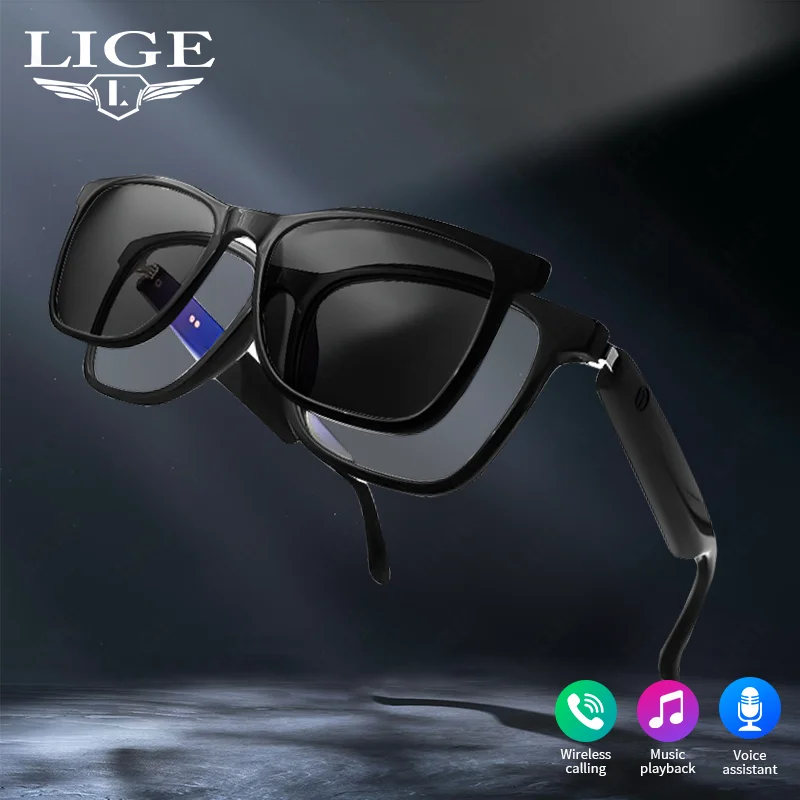 LIGE Anti-blue Light Smart Sunglasses AI Voice Bluetooth Call Music Polarized UV-Proof Magnetic Frame Lenses Headphones Glasses