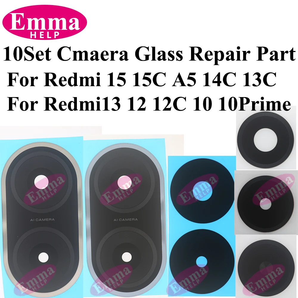Lot de 10 lentilles de caméra arrière en verre pour Redmi 15C A5 12 13 14C 10A 10C 12C 10 Prime – Pièce de rechange pour réparation de lentille de caméra principale
