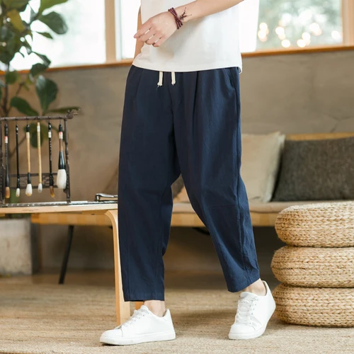Imagen 2 del producto Pantalones de hombre de lino y algodón, pantalones casuales de moda, pantalones cortos sueltos transpirables de Color sólido, pantalones rectos con cordón, ropa de calle para hombre