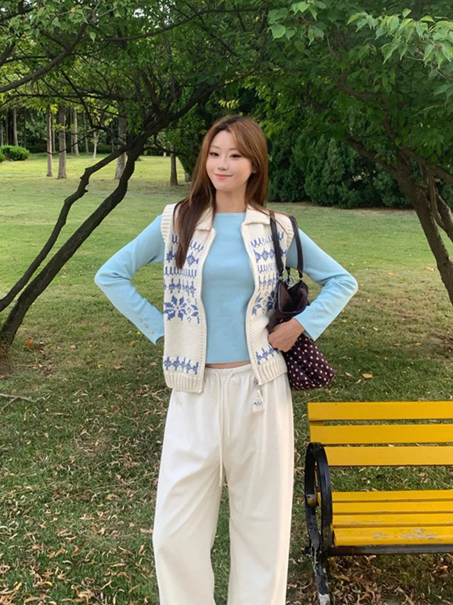 Blue Knitted Zipper Vest Top Fashion Set Autumn New Style Medium Thickness Casual Scenarios Women's Ensemble Two-Piece Suit