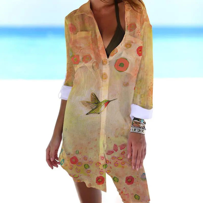 Camisa de praia solta manga comprida feminina, estampa 3D, saia boêmia de férias, estampa de passarinho, botão, elegante, novo, verão