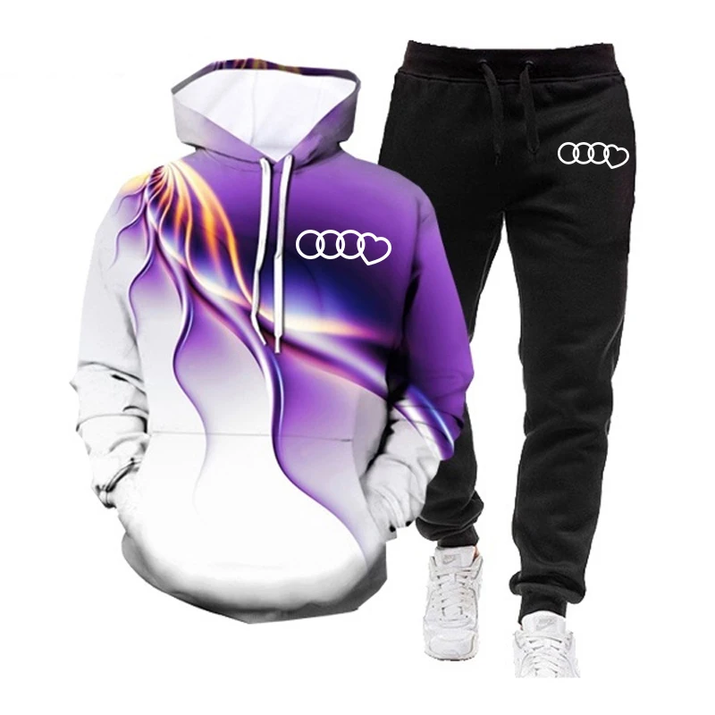 2024 New Fashion Mens Tracksuit Casual Hoodies+Sweatpants 2 Piece Set Autumn Hoodie 3D Printed Lightning Pocket Sweatshirt Suit