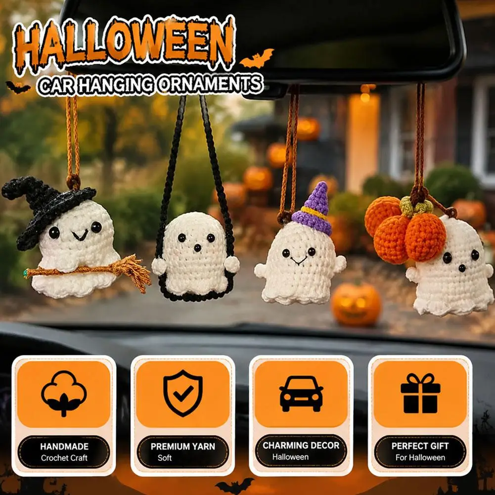 Hand‑Knitted Halloween Car Hanging Ornament Cute Ghost Pumpkin Crochet Pendant for Rearview Mirror Auto Interior Decoration