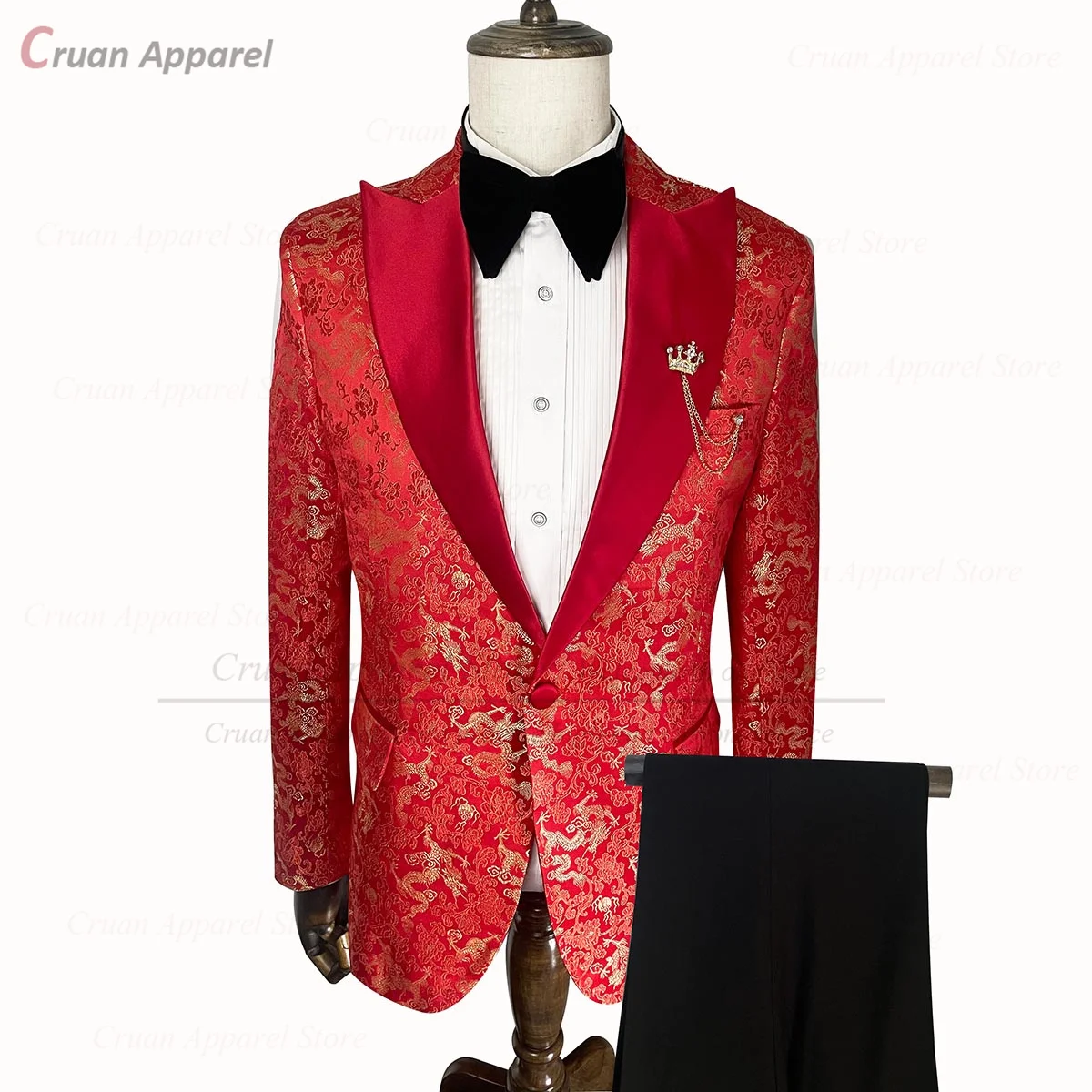 

Luxury Suits for Men 2 Pieces Tailor-made Red Floral Print Tuxedos for Wedding Prom Shiny Blazer Pants Set Fashion Men Jackets