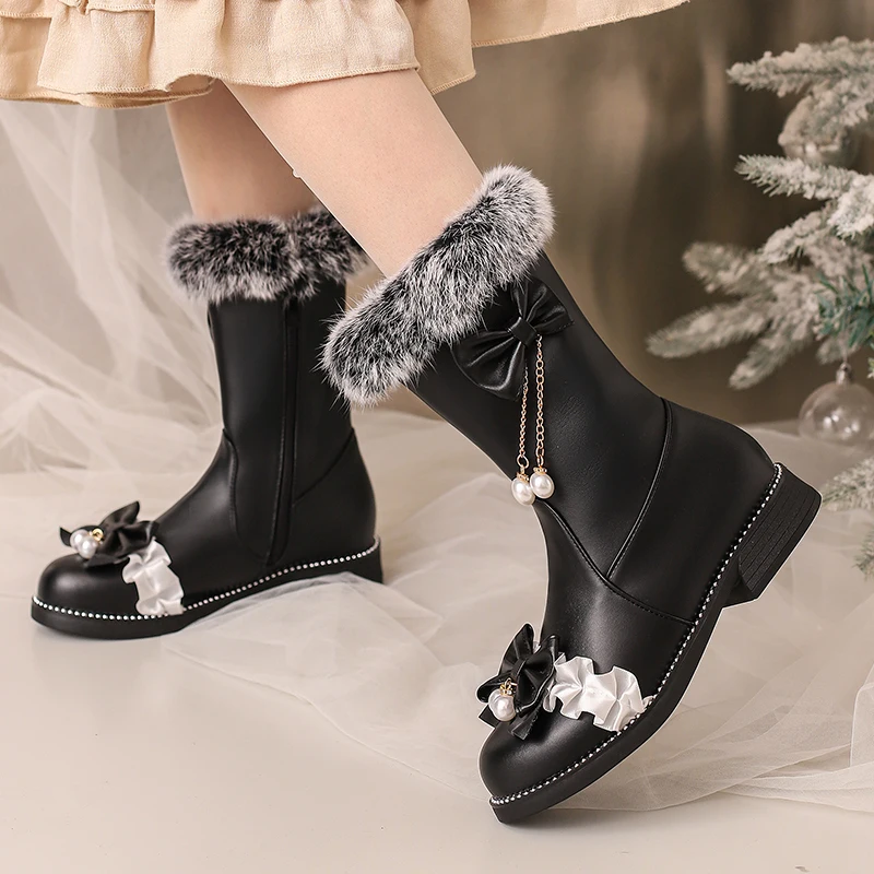 

Free Ship 2023 Winter Sweet Style Bows Fur Mid-calf Boots Ladies Pearls Chain Low Heel Zipper Girls Botas Party Shoes for Women