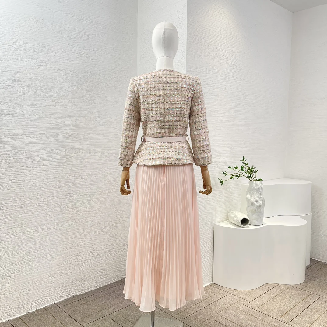 2024 Lente Nieuwe Collectie Dames Abrikoos Tweed Lange Mouw V-Hals Glanzend Pailletten Jasje En Roze Plooi Midi Rok Set