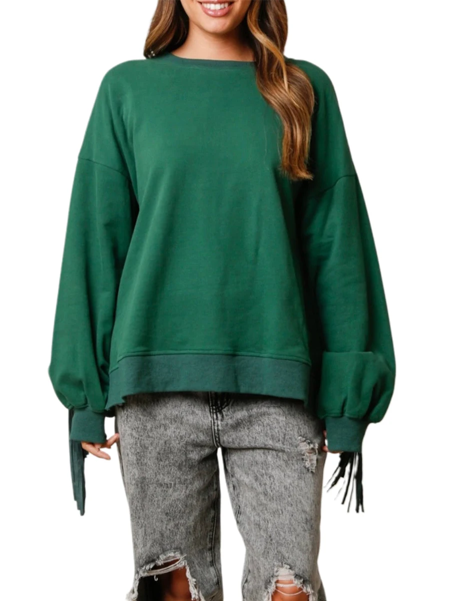 

Женские милые свободные толстовки, модные однотонные пуловеры с кисточками и длинными рукавами, повседневные осенние топы, уличная одежда