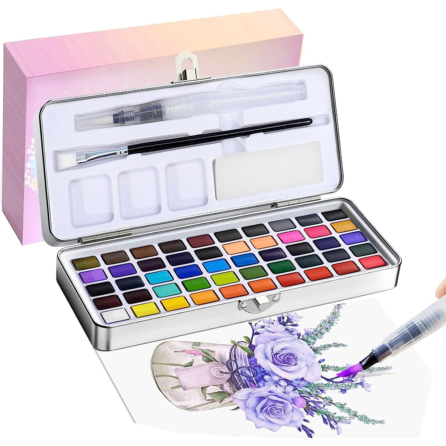 50 color watercolor set with palette, brush - a portable set for artists, enthusiasts and painting lovers