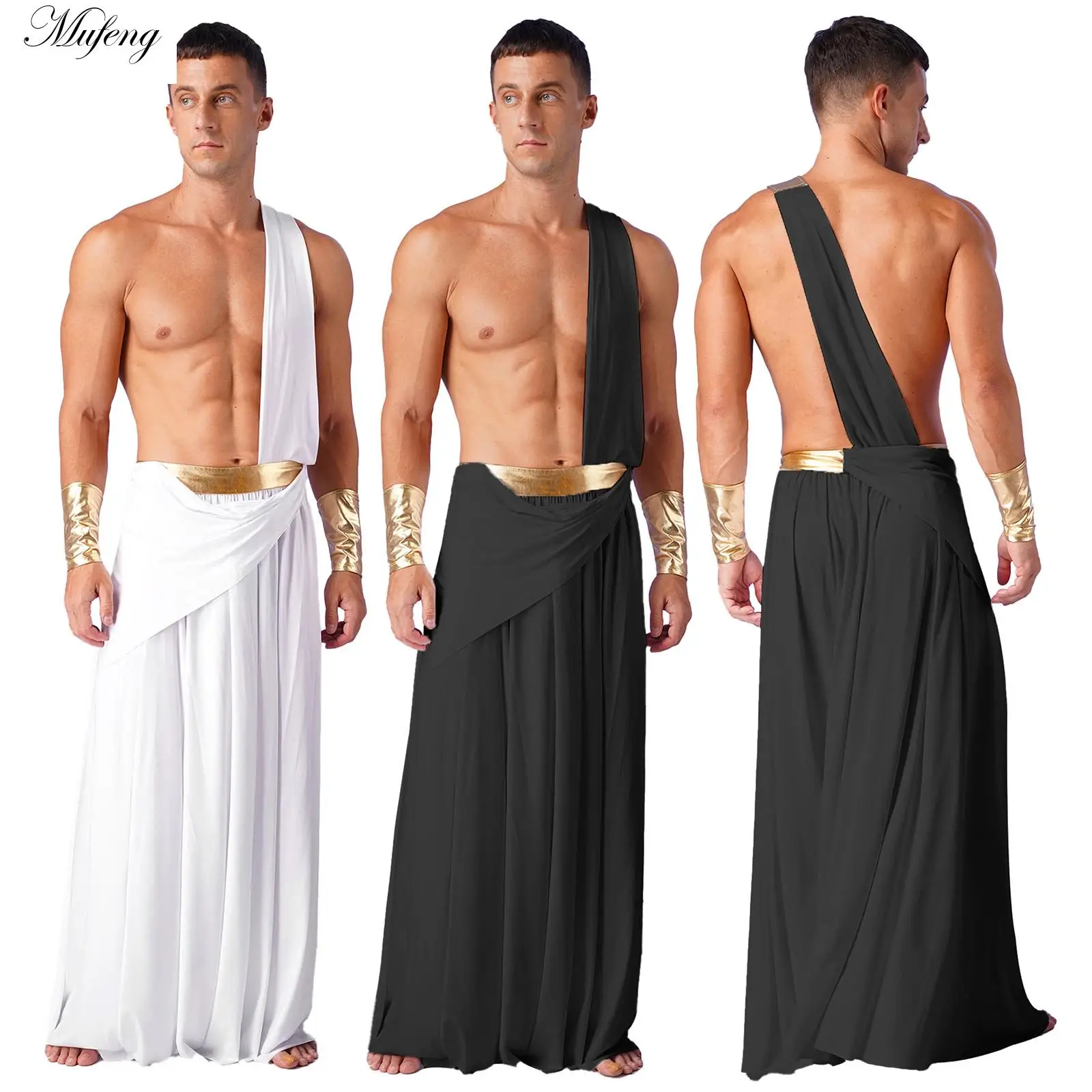 Mens Ancient Greek God Toga Gladiator Party Cosplay Costume Roman Classic Tago Robe One Shoulder Long Skirt+Wristbands Halloween