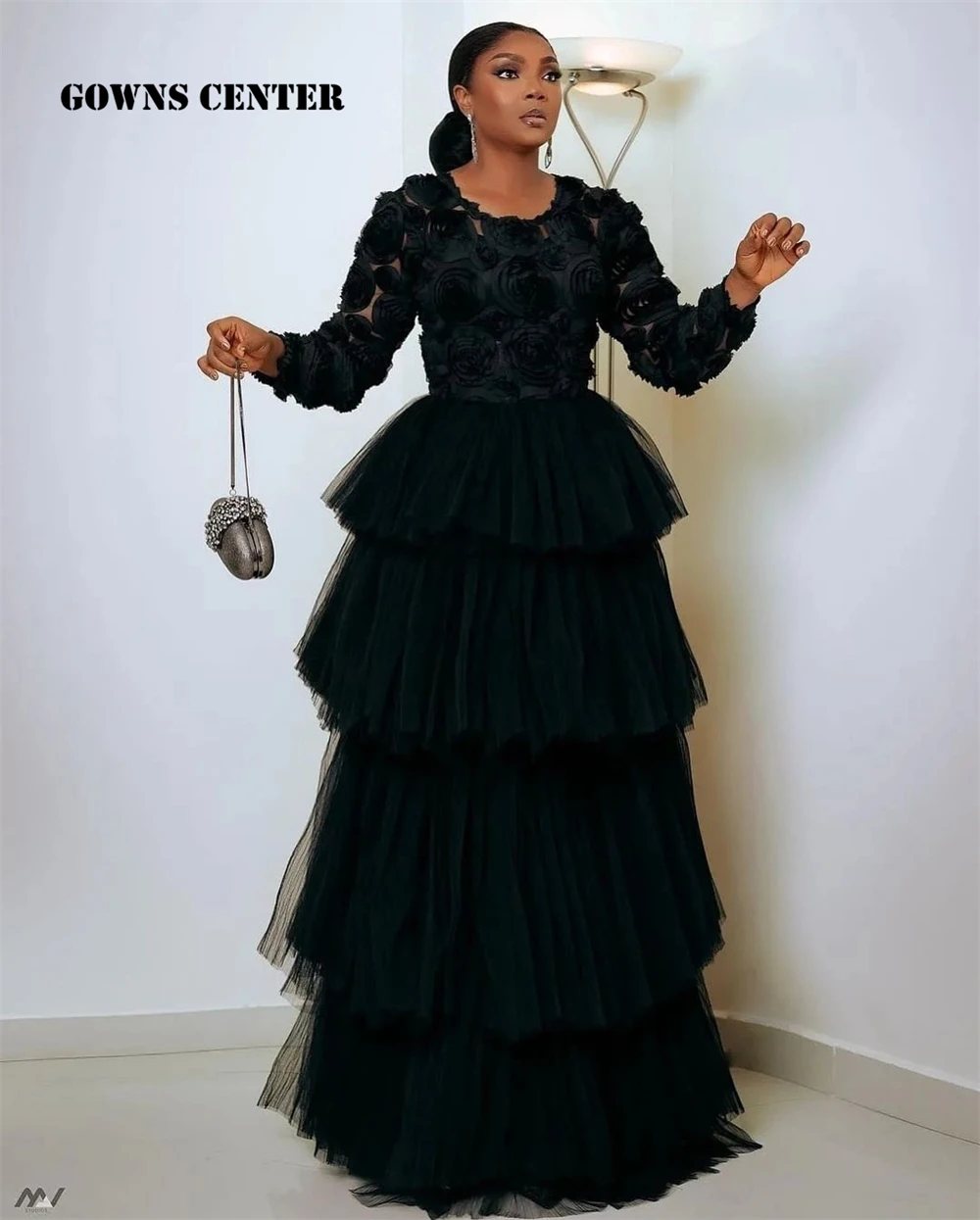 

Remarkable Black Aso Ebi Evening Dresses For Woman Long Sleeves Tiered Tulle Train African Elegant Party Dress 2025 Customized