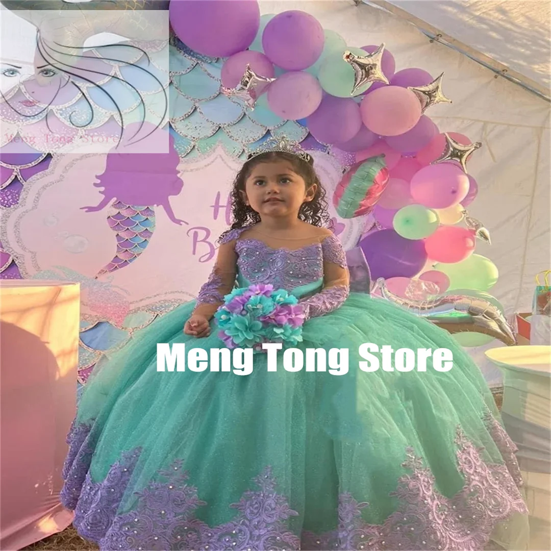 Carino lavanda Appliqué Flower Girl abiti Bow Fluffy Tulle compleanno spettacolo prima comunione banchetto di nozze spettacolo di bellezza