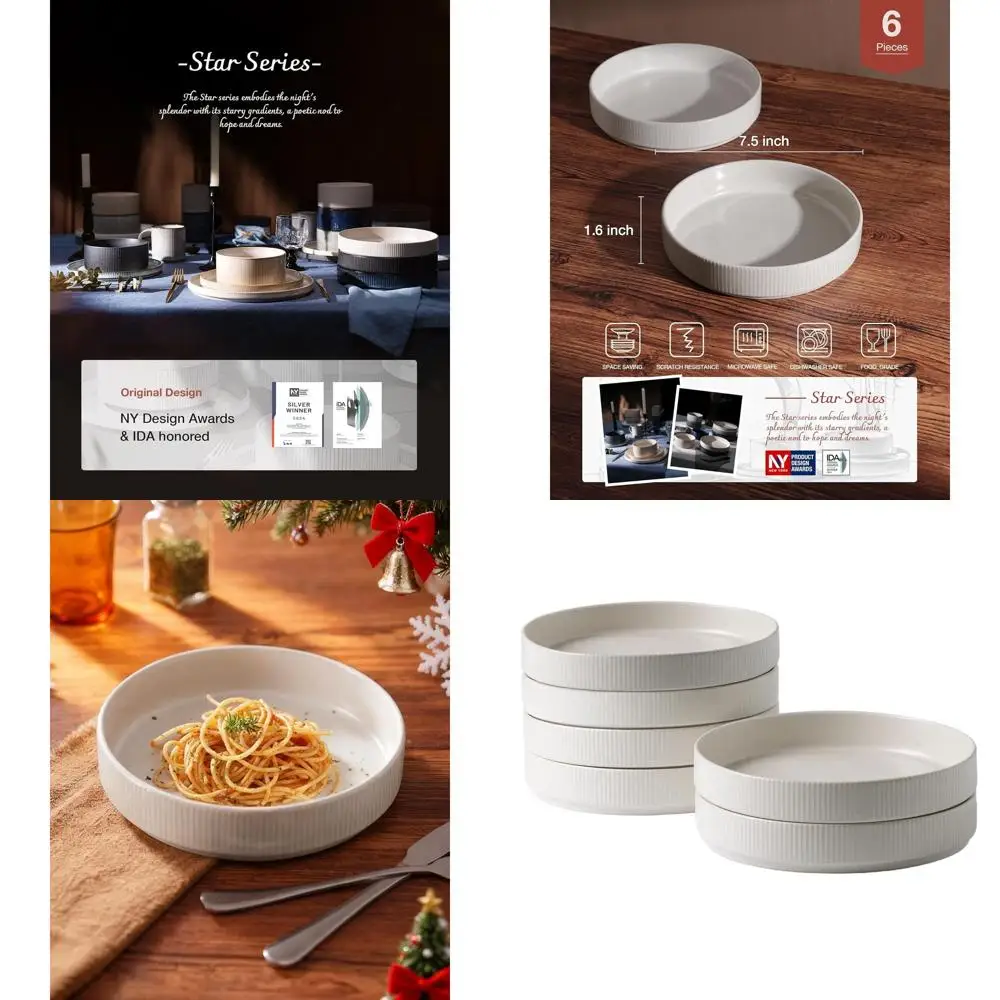 

7.5 Pasta & Salad Bowls Set, 6-Piece, Double Reactive Glaze, Stackable, Ideal for Housewarming, Thanksgiving, Christmas Gifts, M