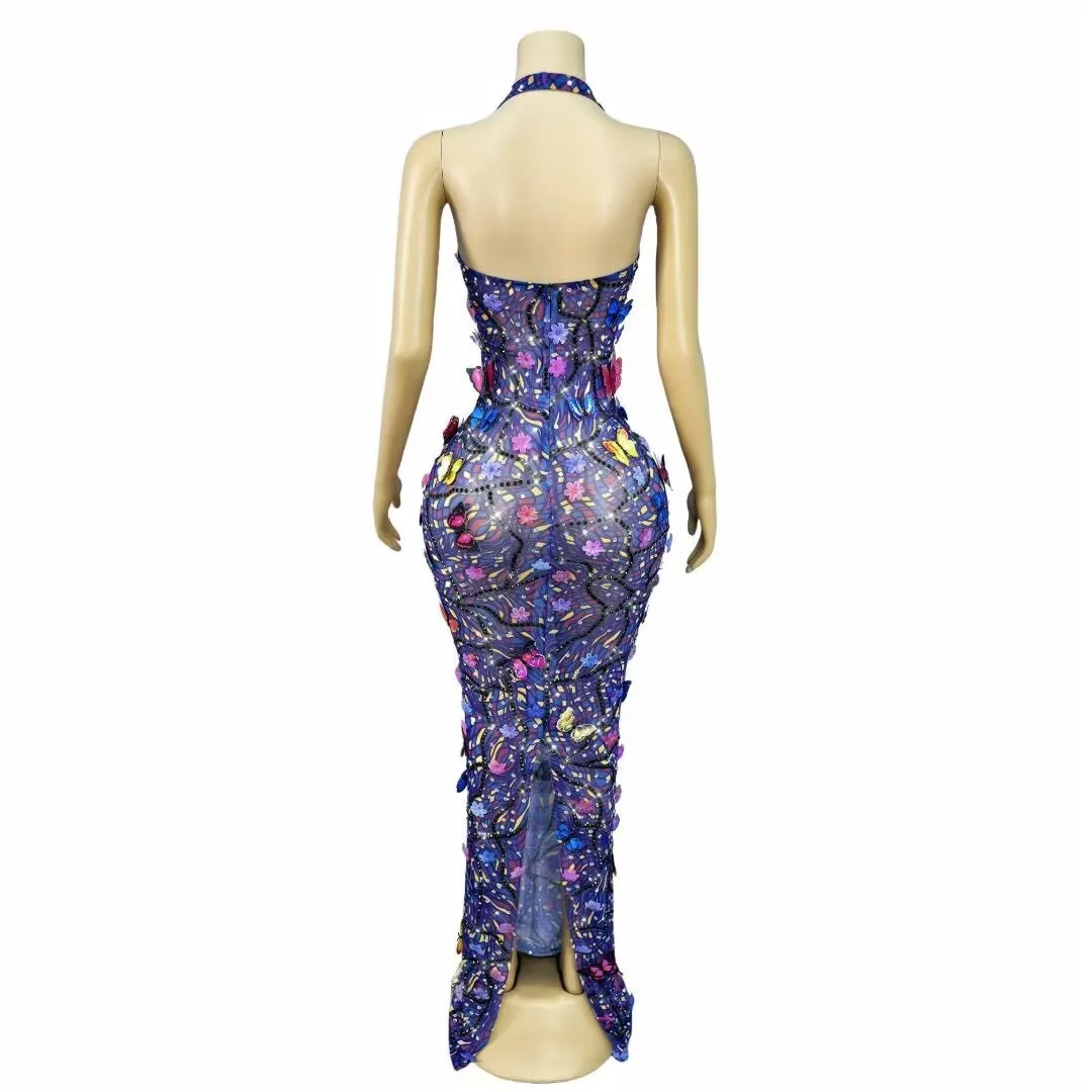 High-end Handmade Flowers Butterflies Rhinestones Sexy V-neck Backless Dress Women Evening Red carpet Elegant Gowns Stage Wear view 2