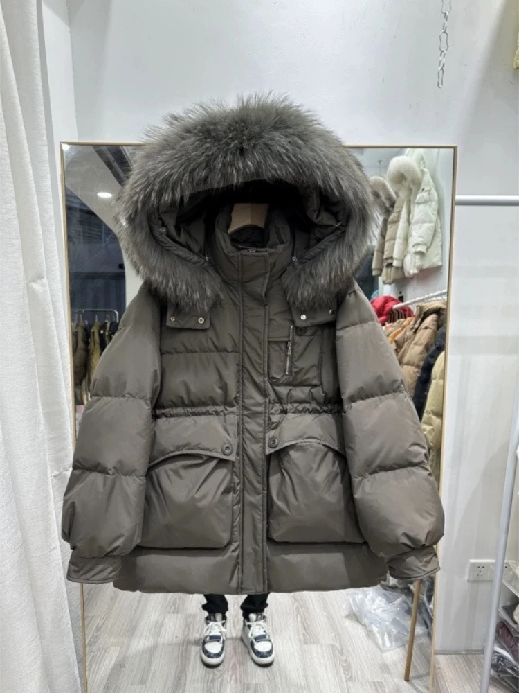 

New Female Thick Warm Real Raccoon Fur Duck Down Coat Winter Top Clothing Women Mid-length Hooded Fluffy Puffer Jacket