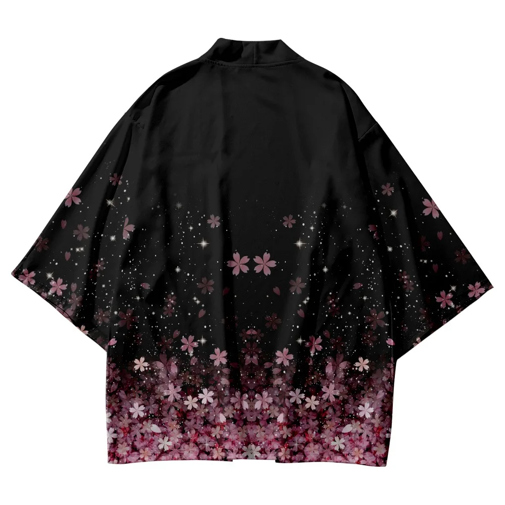 

Yukata Asian Harajuku Black Floral Print Kimono And Shorts Sets Summer Vintage Japanese Cardigan Women Men Cosplay Clothing