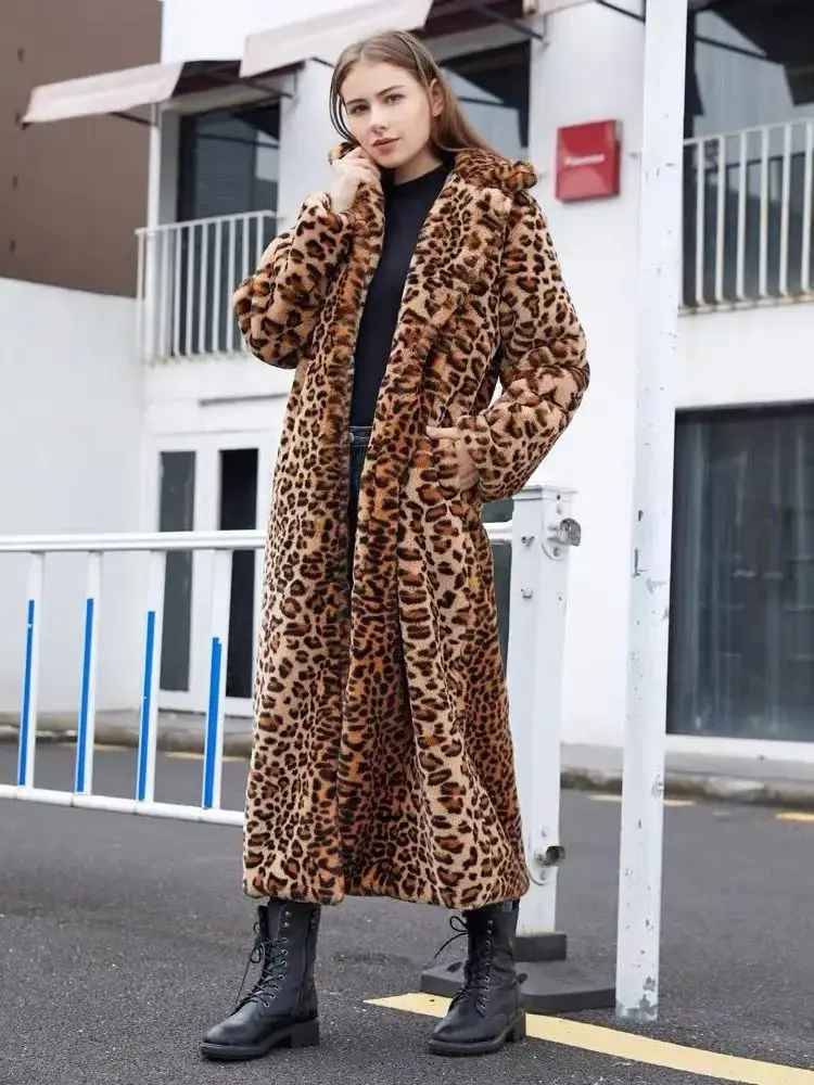 Faux Fur Coat Women 2024 Winter New Luxury Fashionable Sexy Leopard Print Warm Lengthen Women\'s  Jacket Lapel long sleeves coat