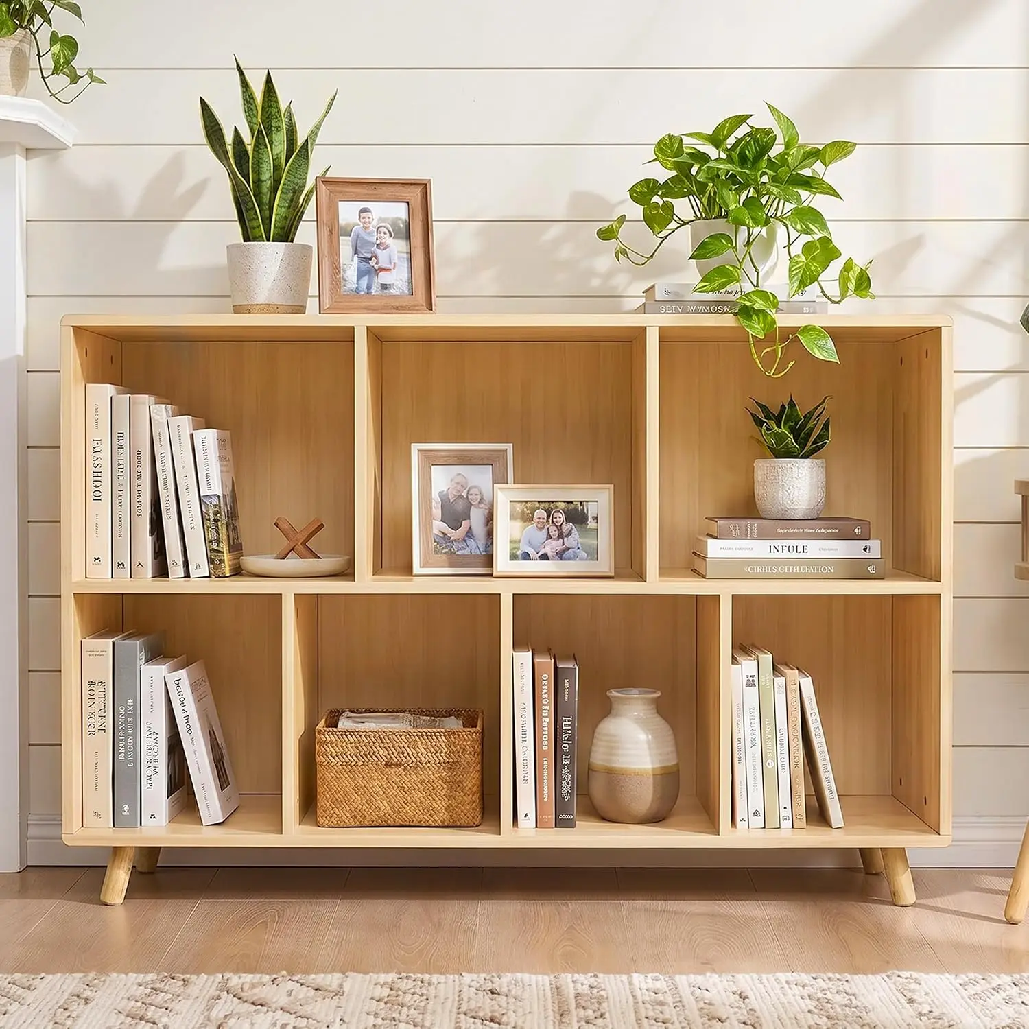 7-Cube Wood Bookshelf 2-Tier Storage Organizer With Legs Natural, Customized