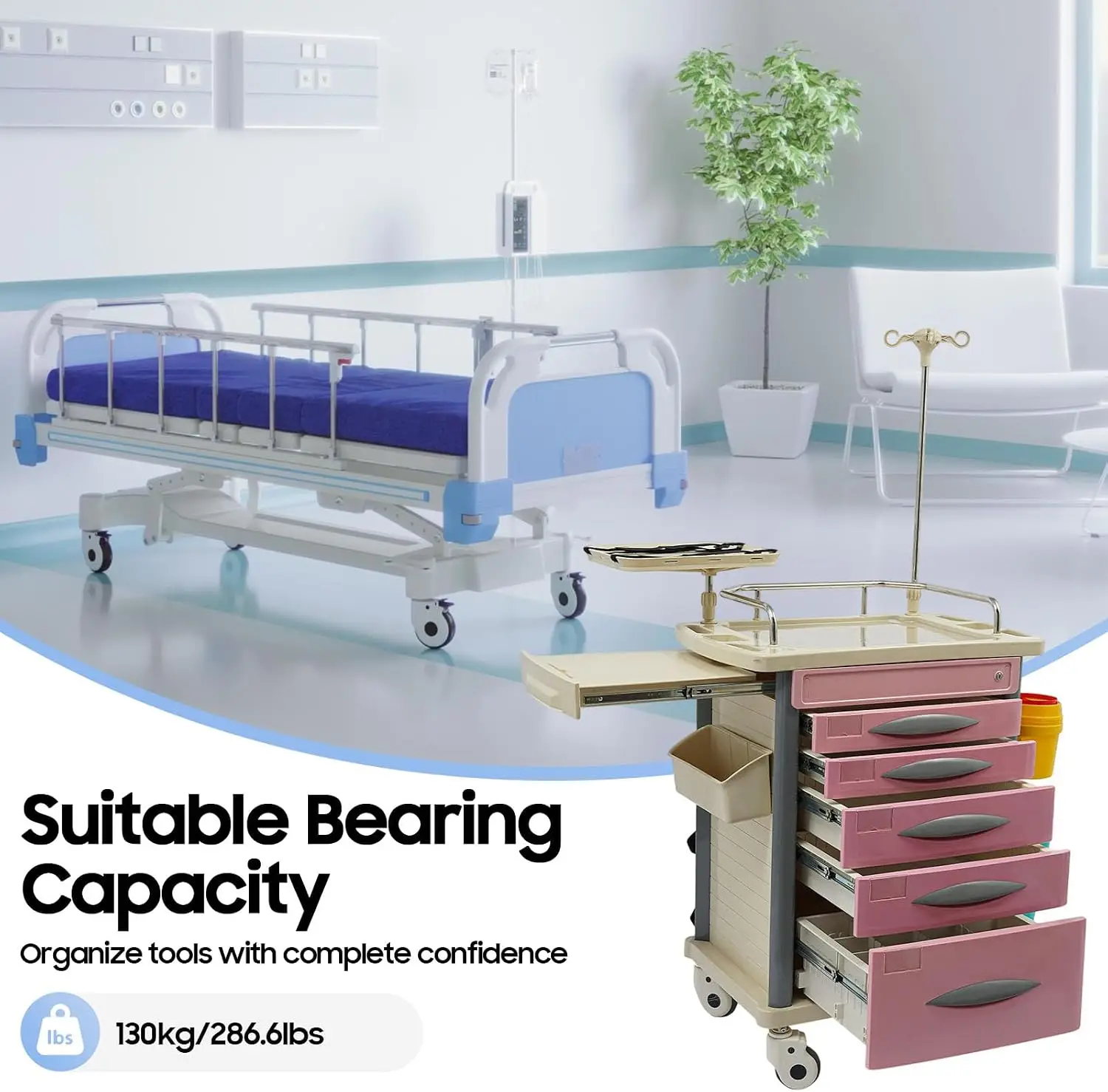 Medical Rolling Crash Cart with Accessories-CPR Board, 2 Trash Bin, Power Strip, Drawers with Dividers, Mobile Medical Cart for