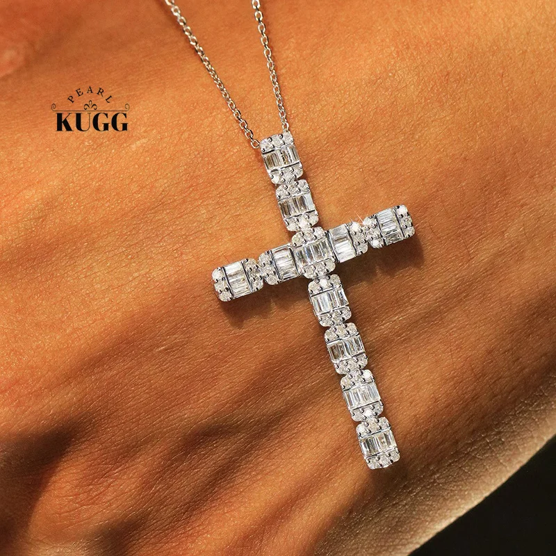 KUGG 100% 18K White Gold Necklace Luxury Cross Pendant 1.0carat Real Natural Diamond Necklace for Women High Party Jewelry