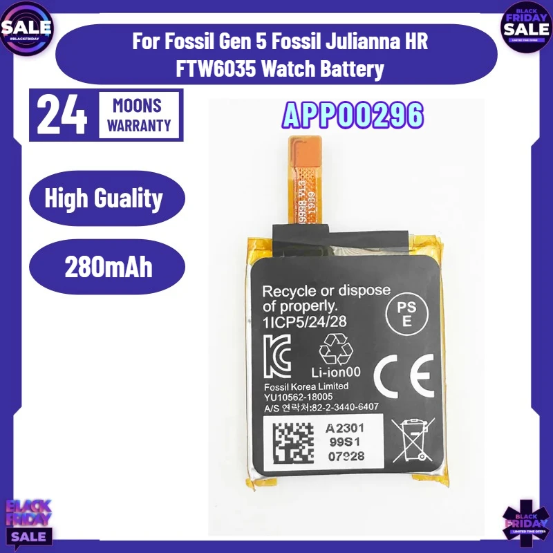 

New 280mAh 3.8V APP00296 Replacement Battery for Fossil Gen 5 Fossil Julianna HR FTW6035 Watch Battery