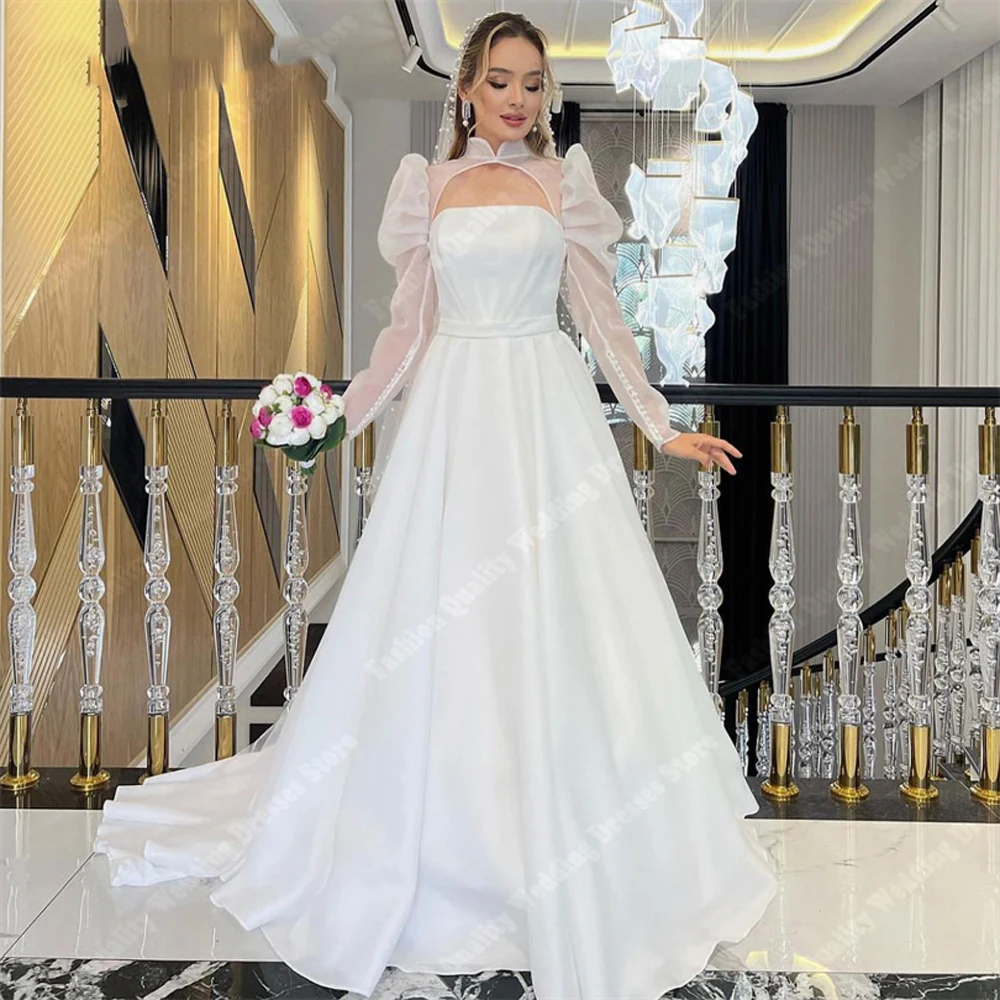 

Elegant Tulle Women Wedding Dresses A-Line Princess Prom Sparkling Bridal Gowns New Formal Party Long Sleeves Vestido De Noche