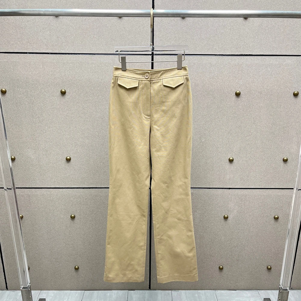 

100% Cotton Turned-Up Hem Decorative Women's Pants Elegant Commuter High-Waisted Straight-Leg Pants 2025 Winter New Arrival Y2K