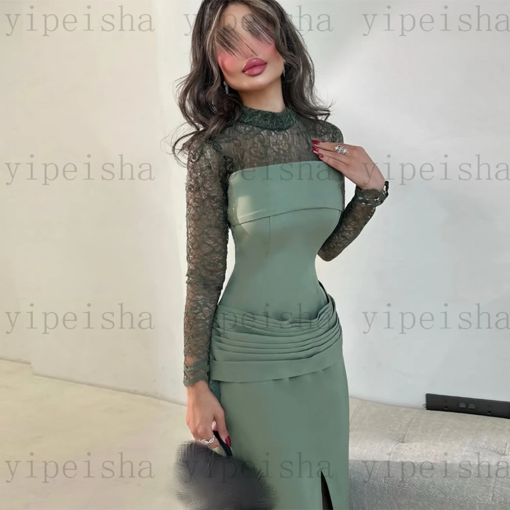 Customized High Neck Evening Dresses Front Split Ankle-Length Lace Full Sleeve Prom Gown Modern Pleat Straight Party Dress image 3