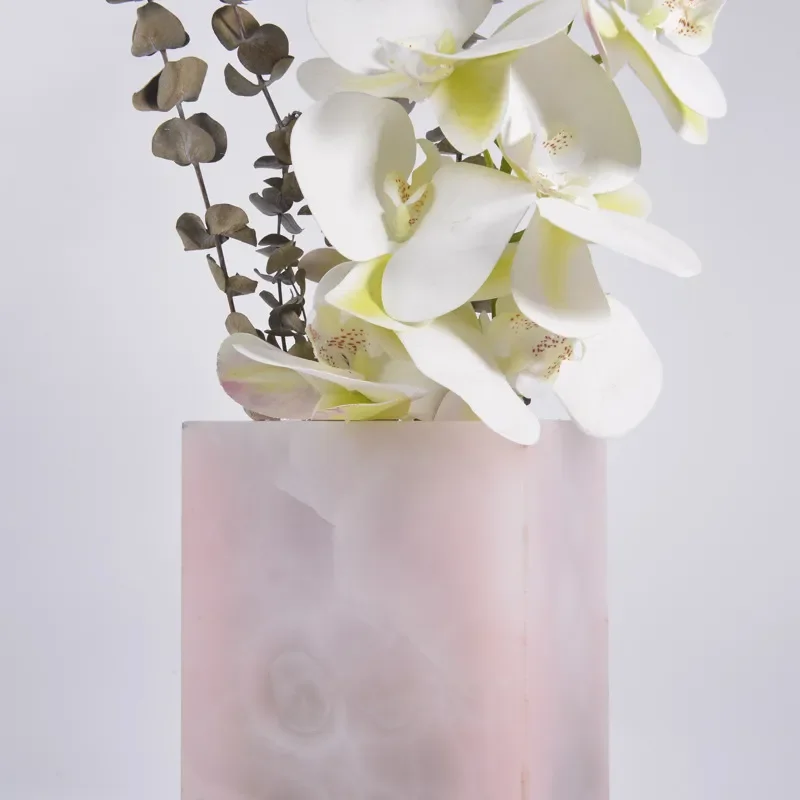 Natural Powder Jade Square Vase Luxury Home Decor Flower Arrangement Desktop Ornament Handicraft for Hotel Living Room