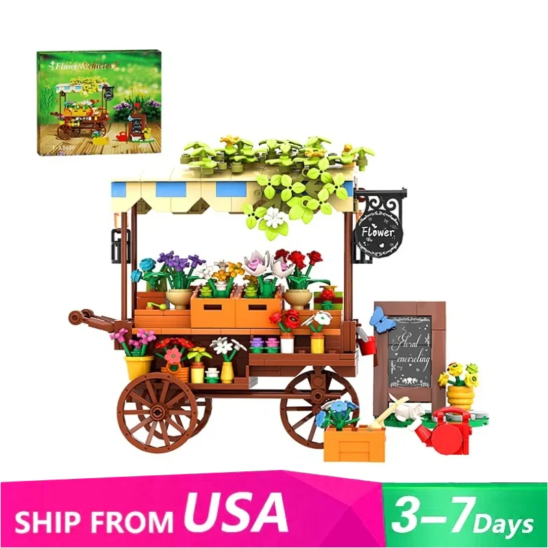 

458 шт. MOC, креативный вид на улицу, романтический цветочный магазин, строительные блоки, модель цветочной тележки, кирпич, сделай сам, головоломка, игрушки для девочек, Рождественский подарок