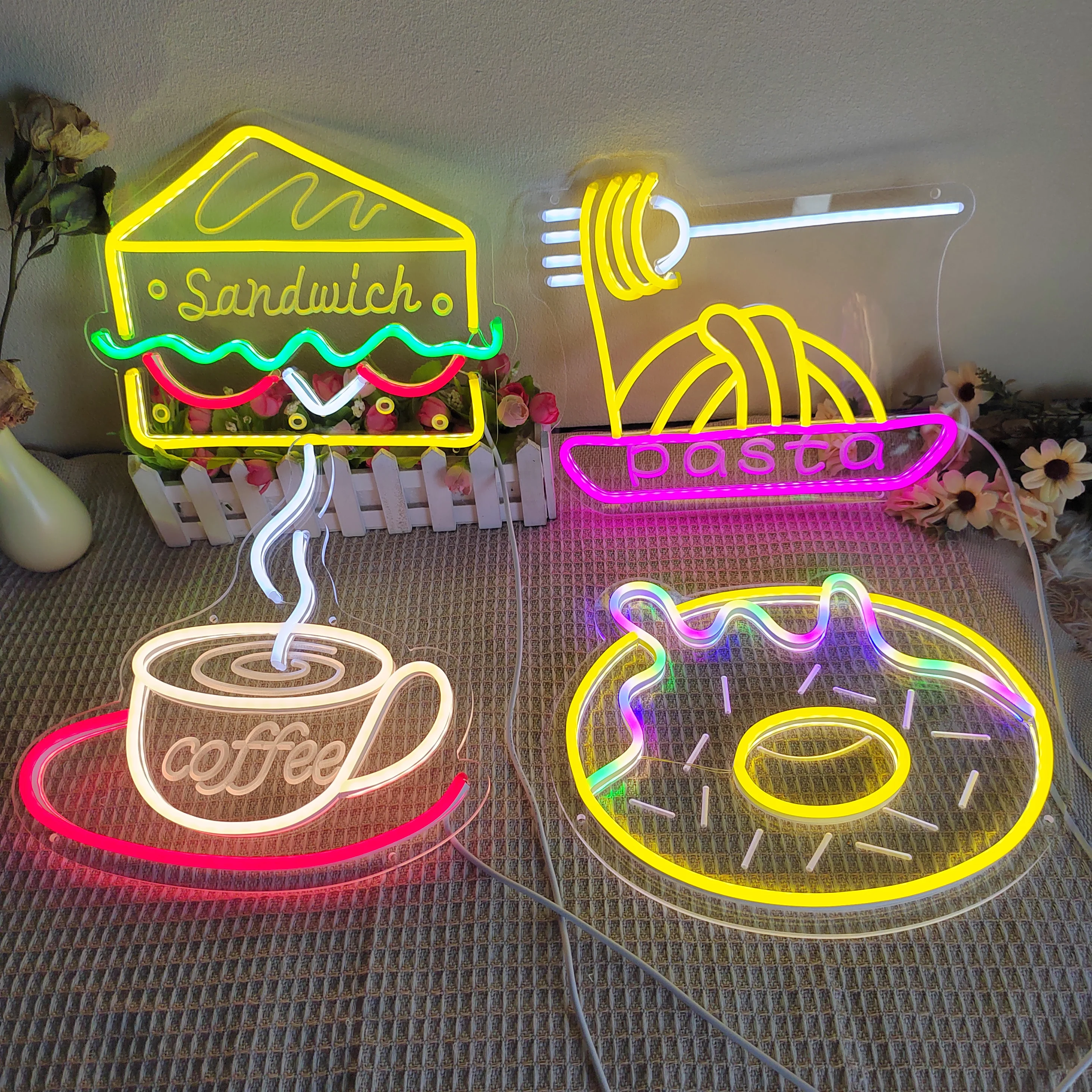 Pasta Sandwich Neon Light  Donut  Fast Food Wall Neon Signs for Shop Restaurant Advertising Home Bar Beer Window Decoration