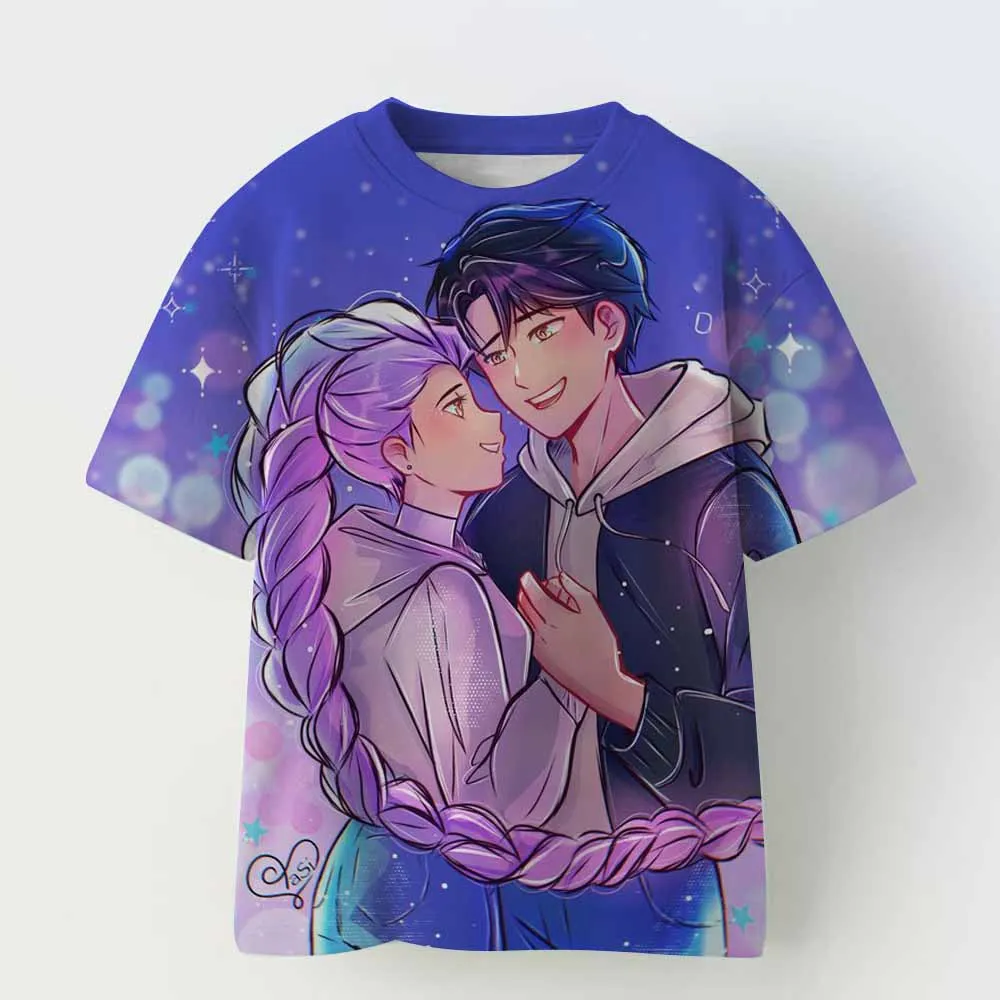 

Футболка Kpop Devil Hunter с героями мультфильмов для девочек дошкольного возраста, забавный подарок для фанатов, крутая детская футболка в стиле Харадзюку, летний топ