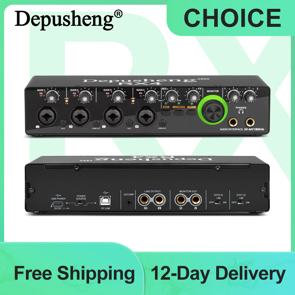 Depusheng Interfaccia audio Convertitore AD scheda audio RX4 con monitoraggio della chitarra elettrica Registrazione dal vivo per canto in studio Podcast