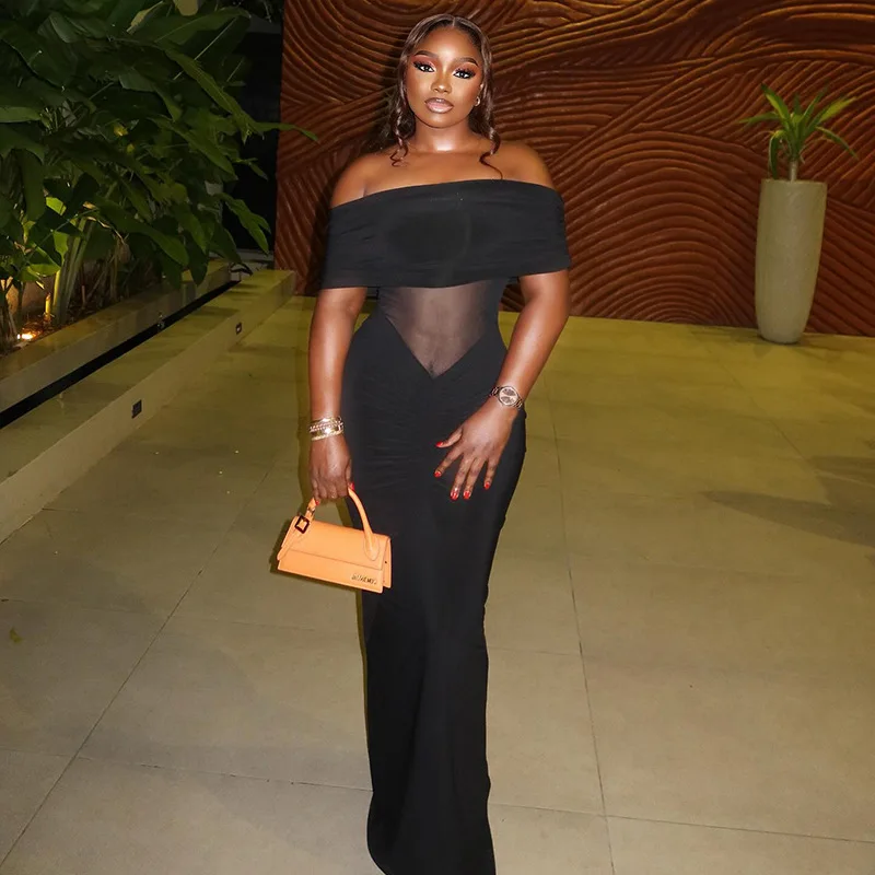

STYLISH LADY Elegant Mesh Maxi Dress 2025 Summer Women Strapless Slash Neck Bodycon See Through Black Sexy Club Party Vestidos