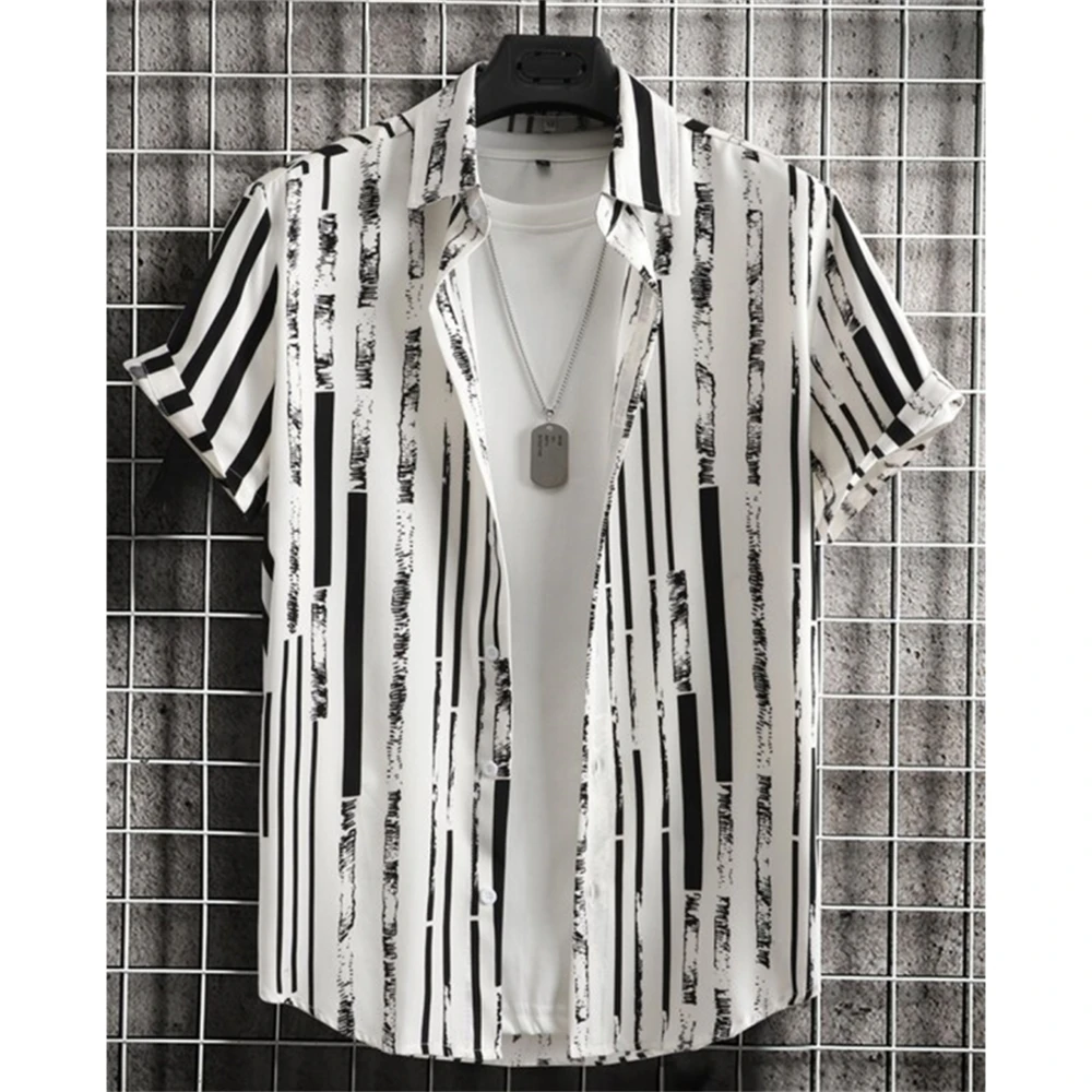 Hawaiian Striped Printed Men's Summer Shirt Fashionable Short Sleeved Top Casual Social Lapel Button Plus Size Clothing Shirt