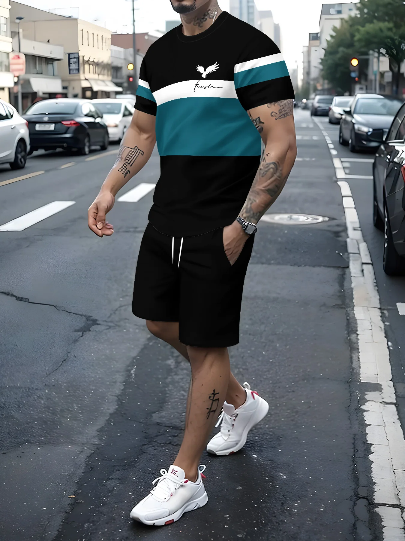 

Men'S Casual Shorts Set with "Polo" Graphic Print - Black & Teal, Lightweight Polyester, Perfect for Outdoor Activities, Outdoor