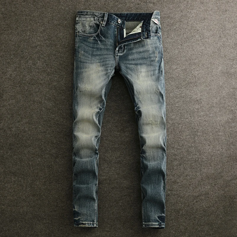 Jeans rasgado retrô lavado azul elástico masculino, calça jeans reta designer, calça justa, moda vintage, de alta qualidade